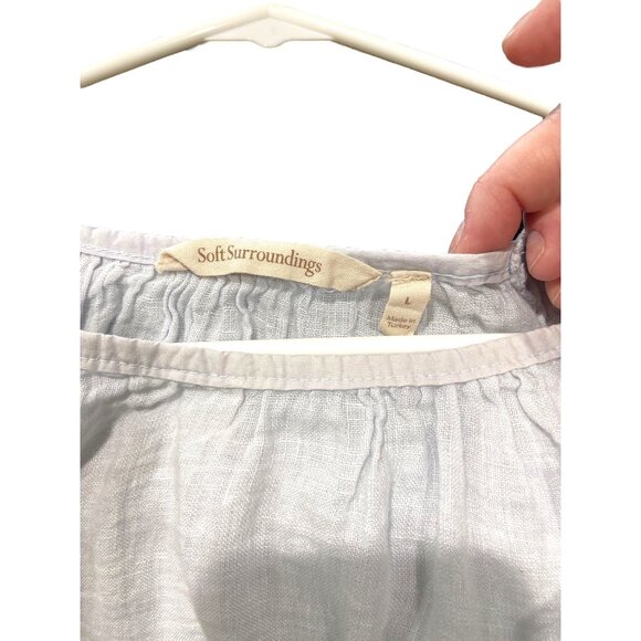 Soft Surroundings 100% Linen Crochet Sleeve Blouse Light Blue Size L Coastal - Picture 3 of 12